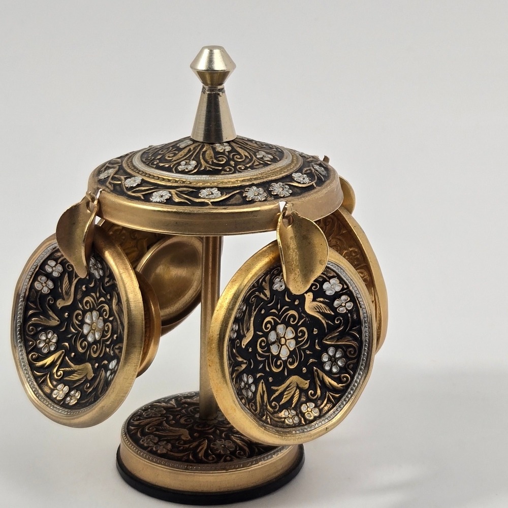 Vintage Toledo Damascene Ashtray Set Carousel Caddy Brass Enamel Spain Flowers